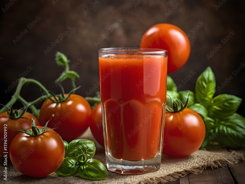 Tomato juice. Fresh red tomato detox juice in glass. Homemade tomato juice.
Tomato juice. Fresh red tomato detox juice in glass. Homemade tomato juice.