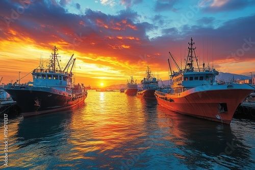 Fishing boats silhouetted against a sunset. photo