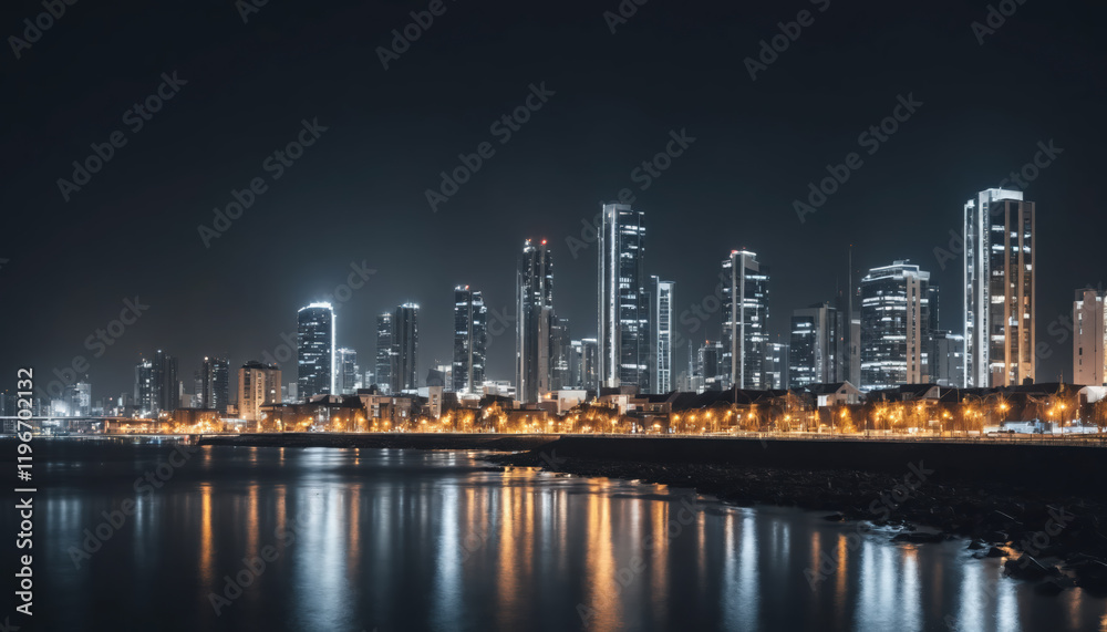 Modern town skyline at night showcasing illuminated buildings, reflections of buildings in the sea. Modern town skyline at night showcasing illuminated buildings, reflections of buildings in the sea.
