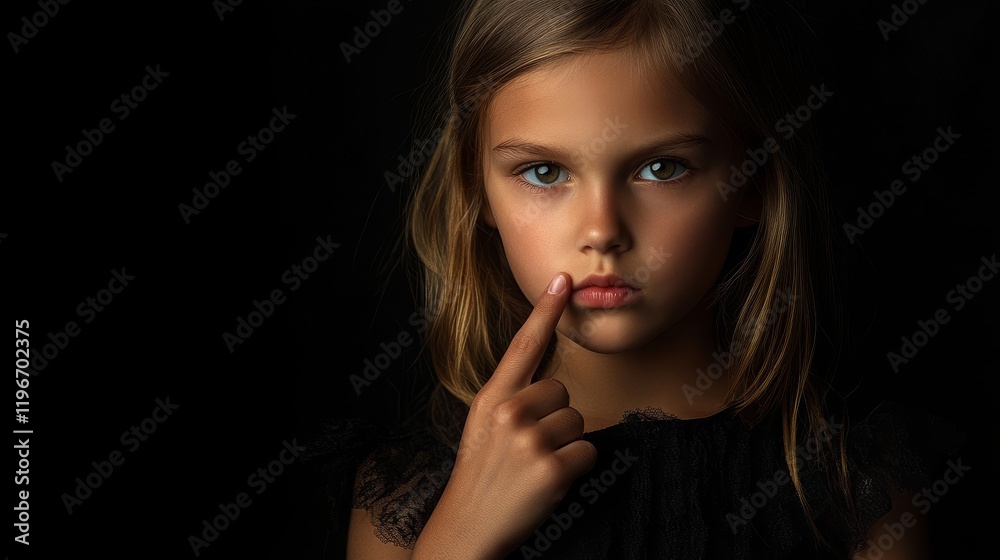 Pensive Young Girl Portrait, Dark Background, Thoughtful Expression Pensive Young Girl Portrait, Dark Background, Thoughtful Expression