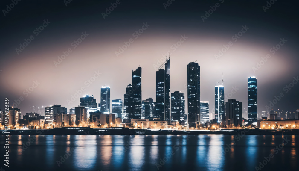 Fototapeta premium Modern town skyline at night showcasing illuminated buildings, reflections of buildings in the sea.