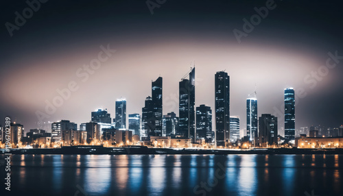 Modern town skyline at night showcasing illuminated buildings, reflections of buildings in the sea. 