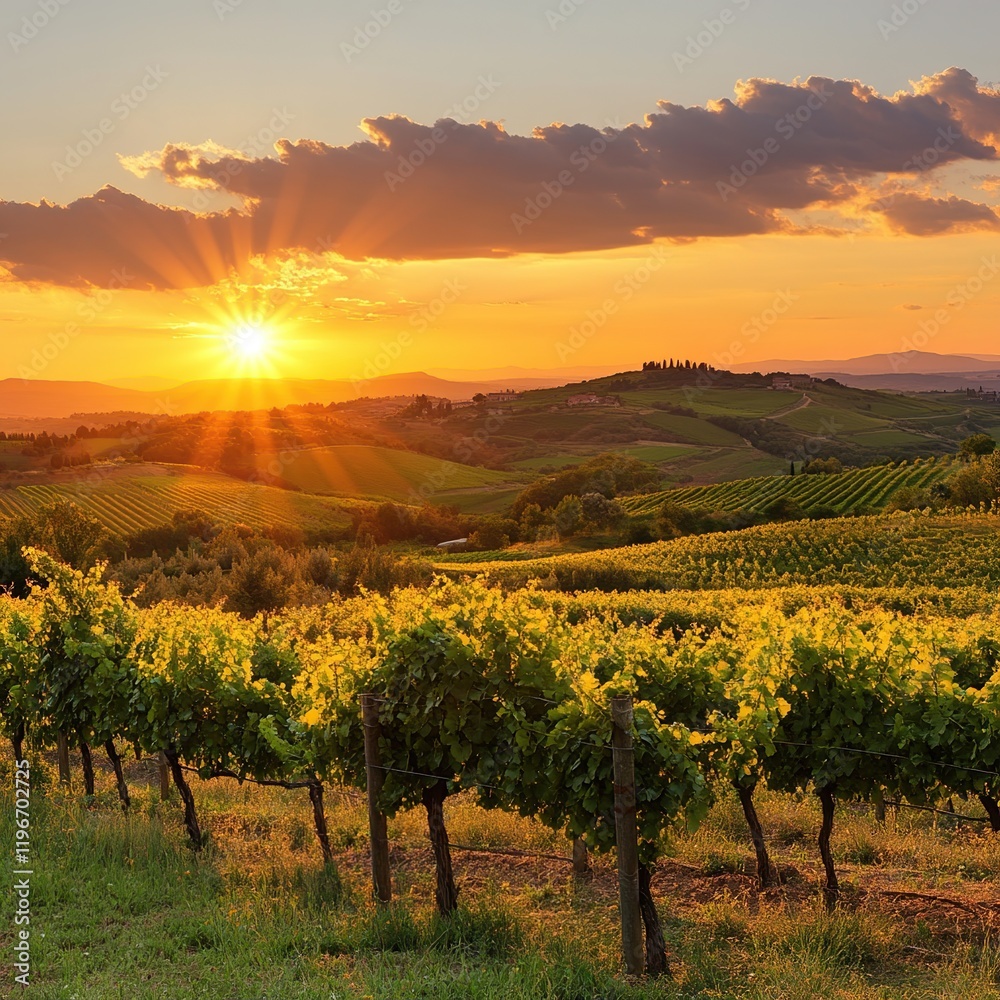 Fototapeta premium Sunset over rolling hills and vineyard.