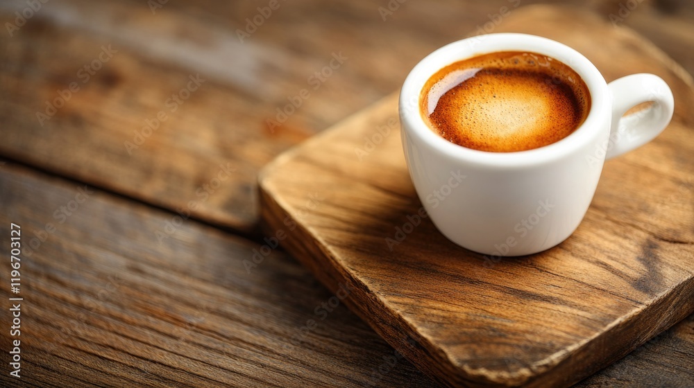 Warm espresso in white cup rests on rustic wooden surface, invit