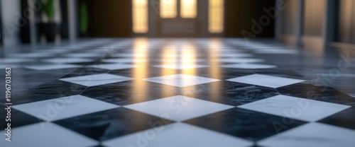 Checkerboard Floor Reflections: Sunlight Illuminates a Luxurious Interior