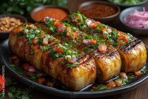 Grilled Stuffed Eggplant with Fresh Cilantro and Tomato Garnish for Dining Delight