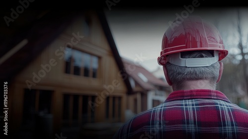 A construction worker wearing a red hard hat stands with his back to the camera, looking at a house under construction. The serene environment reflects a peaceful workday photo