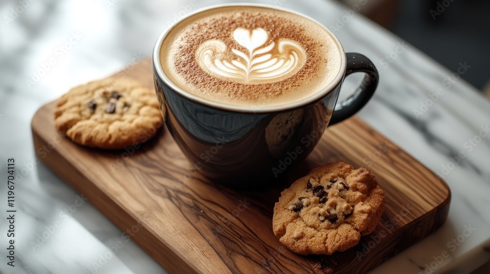 Warm coffee with intricate latte art sits beside fresh cookies o Warm coffee with intricate latte art sits beside fresh cookies o