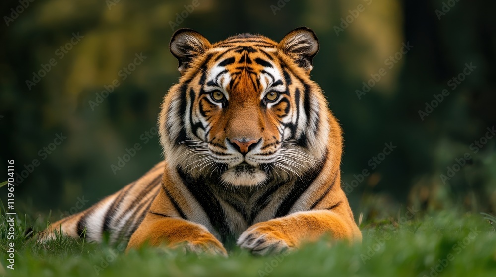 Majestic tiger resting in lush green grass. Majestic tiger resting in lush green grass.