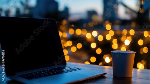 Nighttime Laptop and Coffee: Urban Evening Ambiance