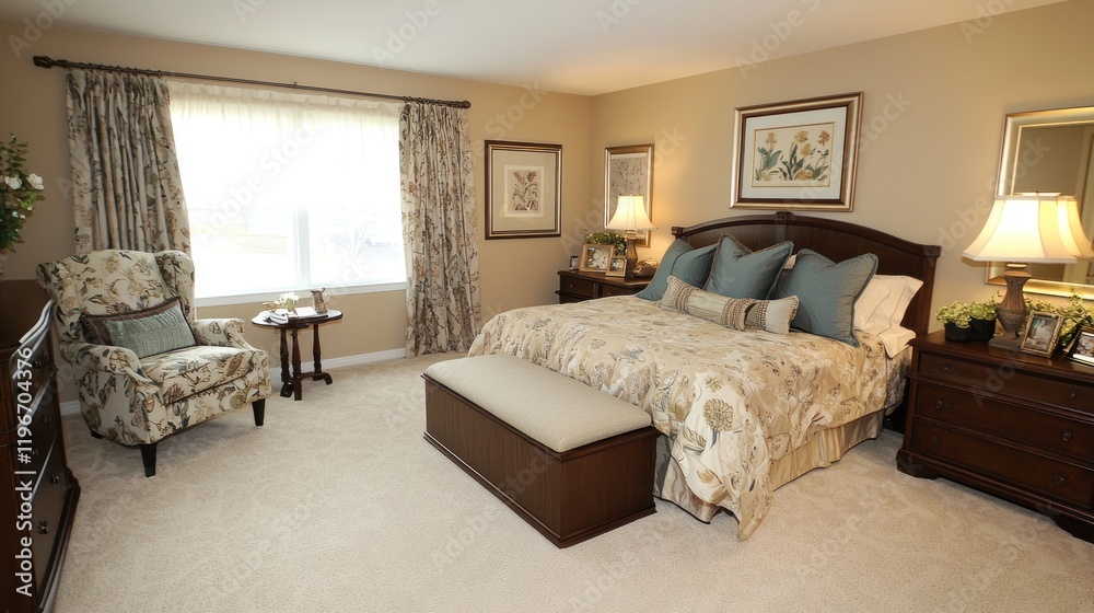 Cozy bedroom featuring a bed, seating area, and decorative accents. Cozy bedroom featuring a bed, seating area, and decorative accents.