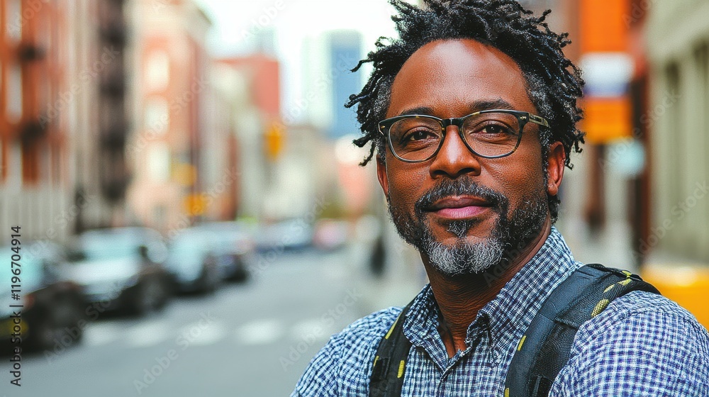 A man with glasses and a beard stands confidently on a city street. Tall buildings line the street, and cars are parked along the curb under clear blue skies A man with glasses and a beard stands confidently on a city street. Tall buildings line the street, and cars are parked along the curb under clear blue skies