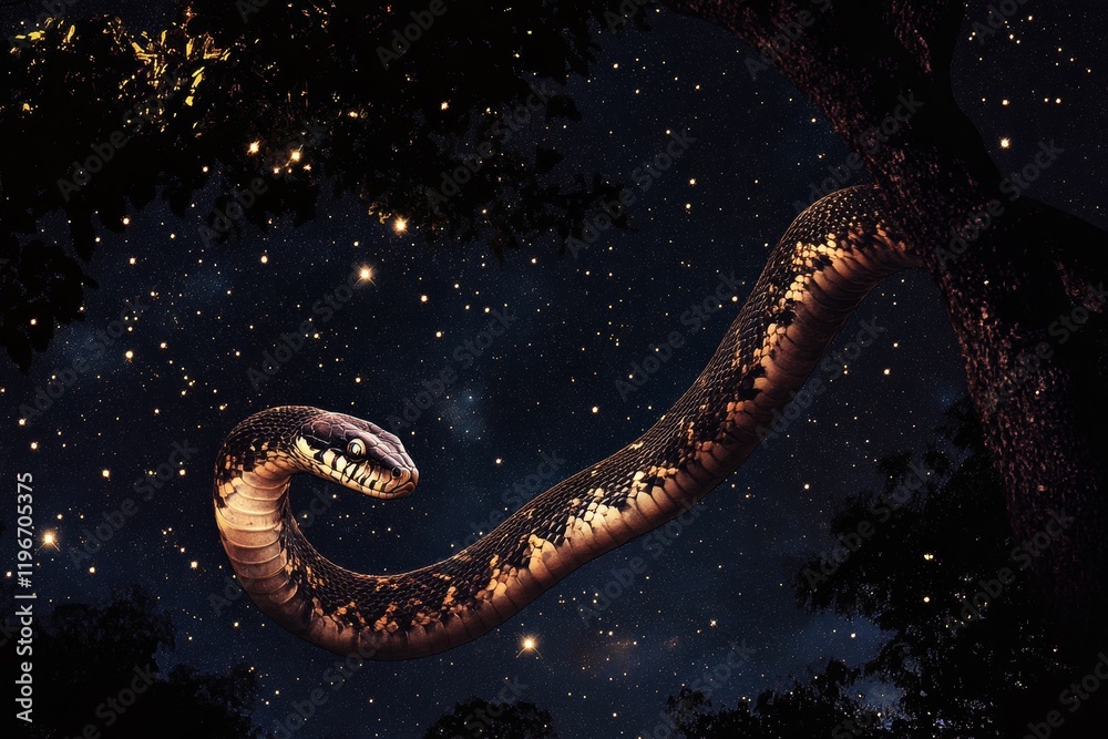 Large snake coils around tree, starry night. Large snake coils around tree, starry night.
