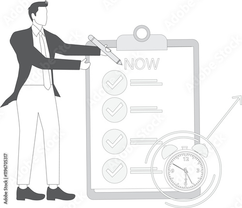 Stop procrastination illustration with businessman carrying a pencil writes the word now on the alarm as a reminder, do the work immediately concept, Overcome Procrastination