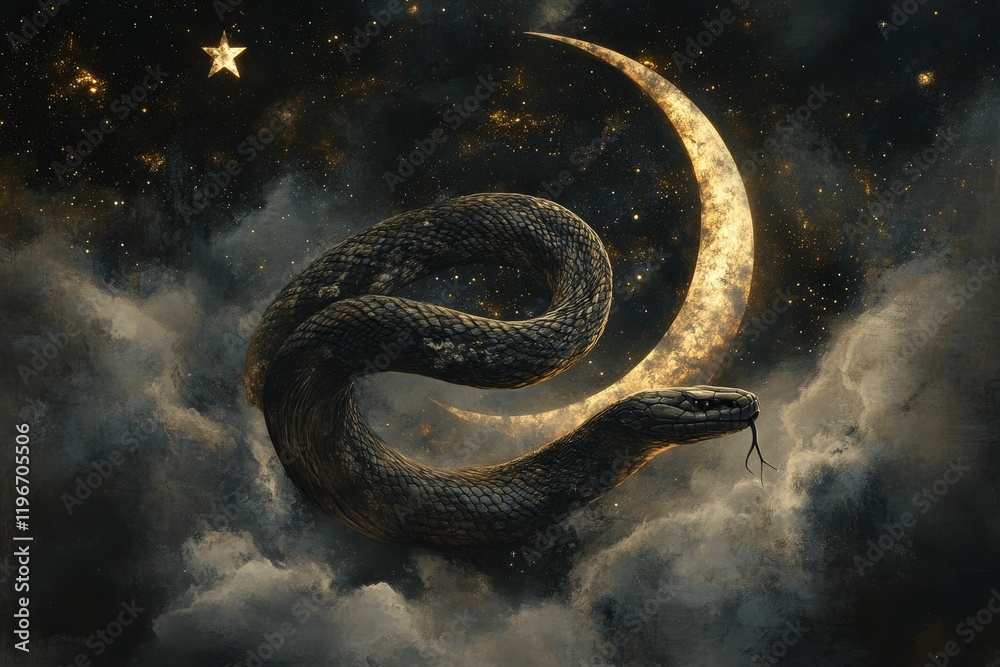 Dark snake, crescent moon, starry night sky, clouds. Dark snake, crescent moon, starry night sky, clouds.
