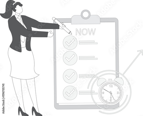 Stop procrastination illustration with businesswoman carrying a pencil writes the word now on the alarm as a reminder, do the work immediately concept, Overcome Procrastination