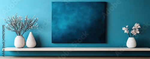 Teal Room Decor: Modern Minimalist Interior Design with White Vases and Flowers