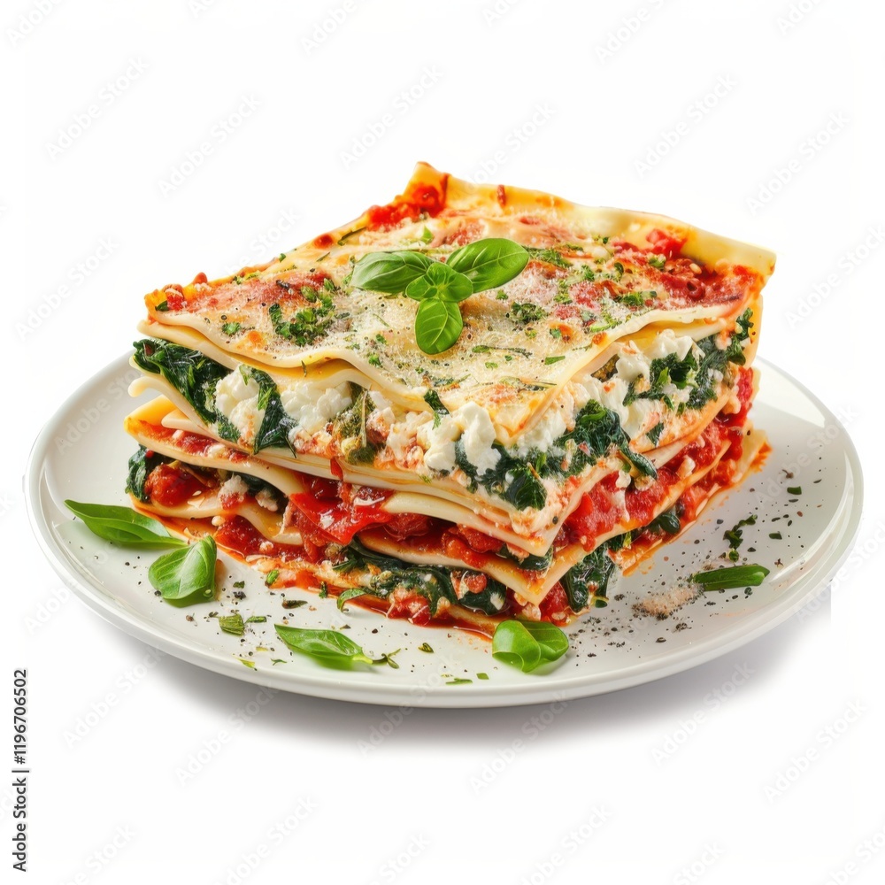 A plate of vegetable lasagna with layers of spinach, ricotta cheese, and marinara sauce