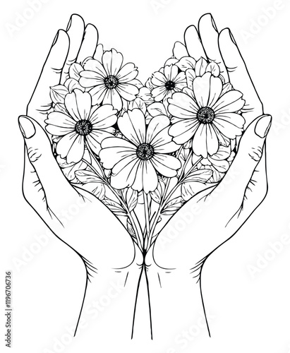 Hands holding a heart with flowers. Coloring page  birthday and mothers day