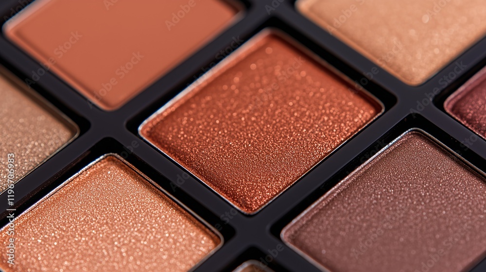 Neutral eyeshadow palette with brown and coral shades. Cosmetic product, makeup and beauty concept. Image for makeup packaging and beauty ads. Top view with copy space. Neutral eyeshadow palette with brown and coral shades. Cosmetic product, makeup and beauty concept. Image for makeup packaging and beauty ads. Top view with copy space.