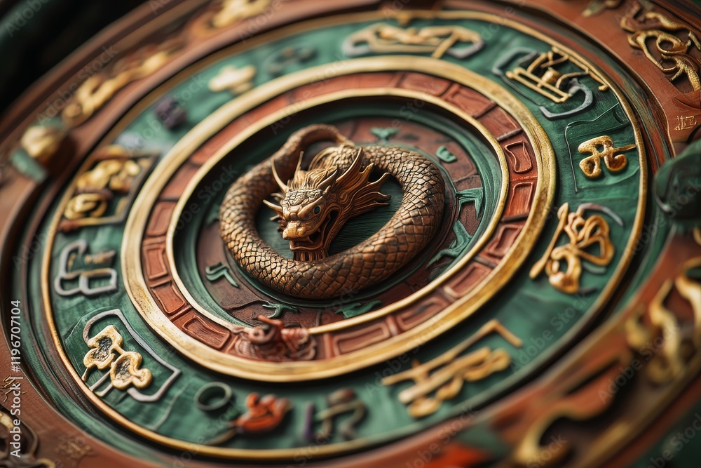 Fototapeta premium Ornate circular carving; central dragon, swirling patterns.