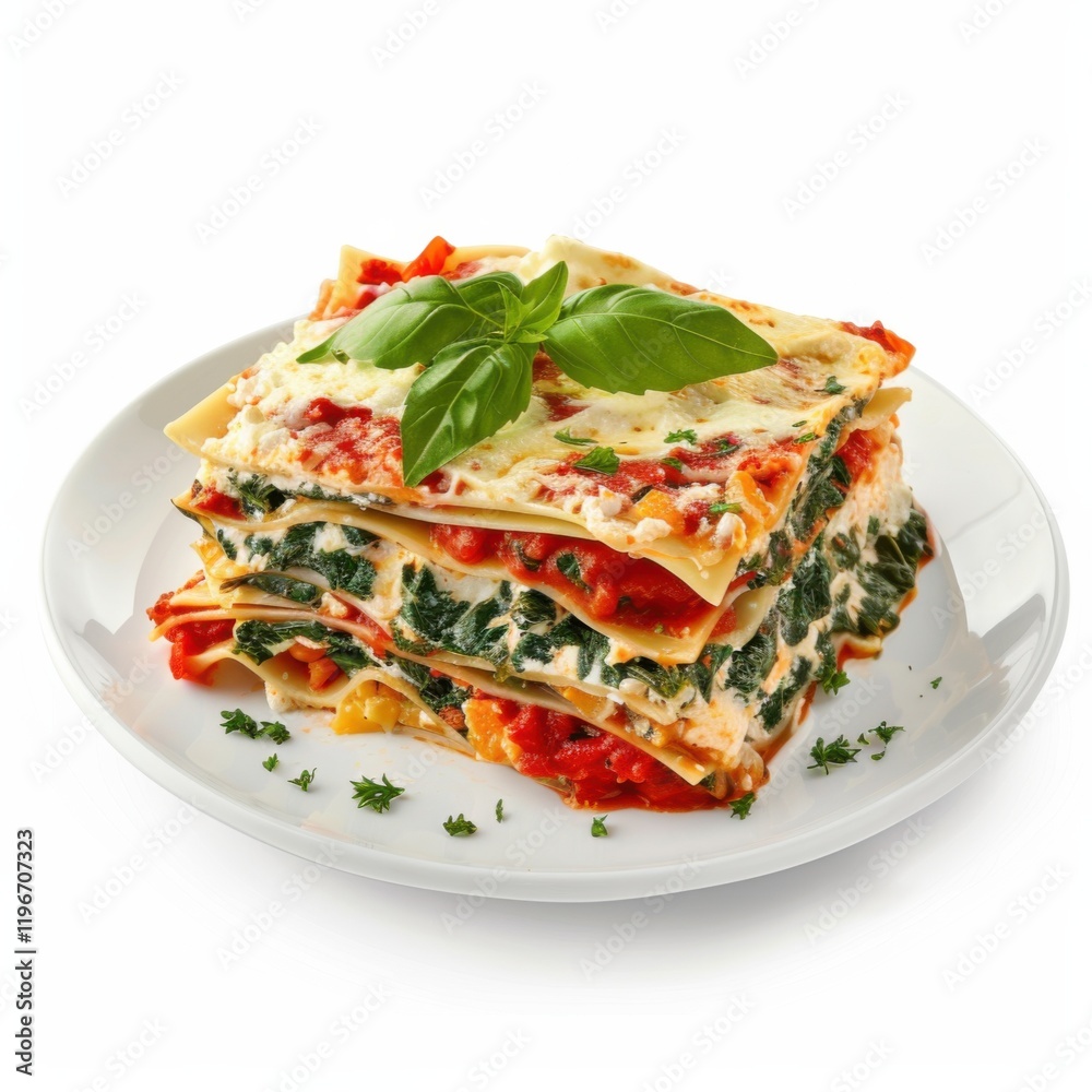 A plate of vegetable lasagna with layers of spinach, ricotta cheese, and marinara sauce A plate of vegetable lasagna with layers of spinach, ricotta cheese, and marinara sauce