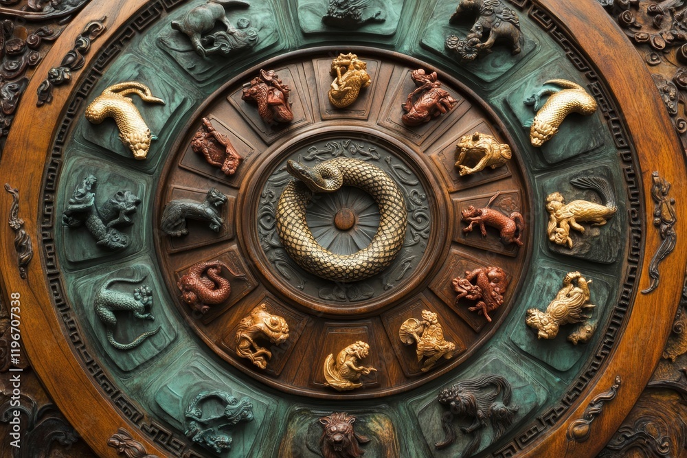Obraz premium Circular wood carving; twelve animal figures; ornate frame.
