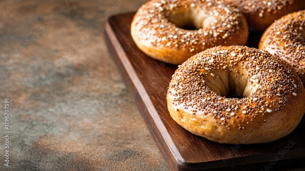 Golden bagels with sesame seeds arranged on rustic wooden tray, Golden bagels with sesame seeds arranged on rustic wooden tray,