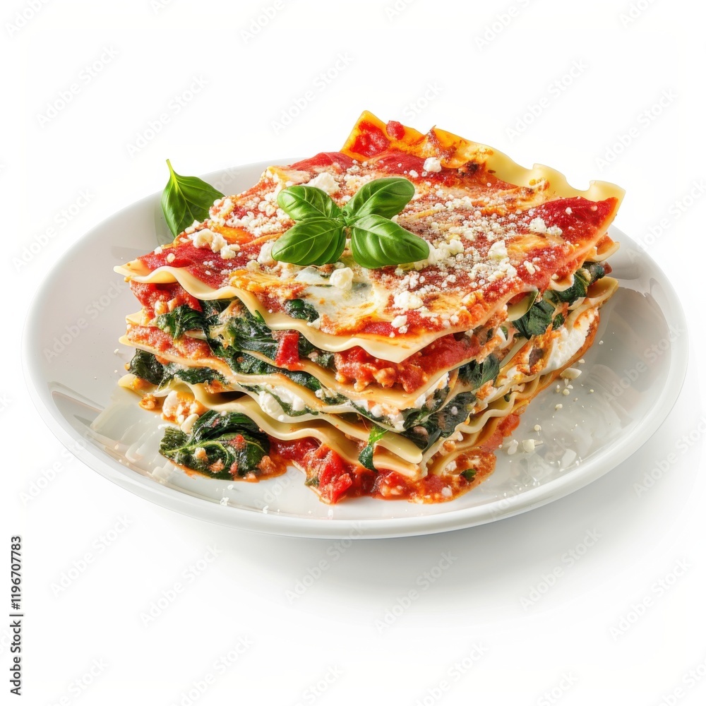 A plate of vegetable lasagna with layers of spinach, ricotta cheese, and marinara sauce A plate of vegetable lasagna with layers of spinach, ricotta cheese, and marinara sauce