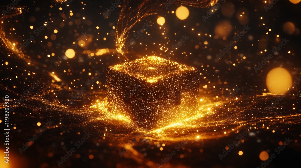 Naklejka premium A transparent glass treasure chest, golden light effect background