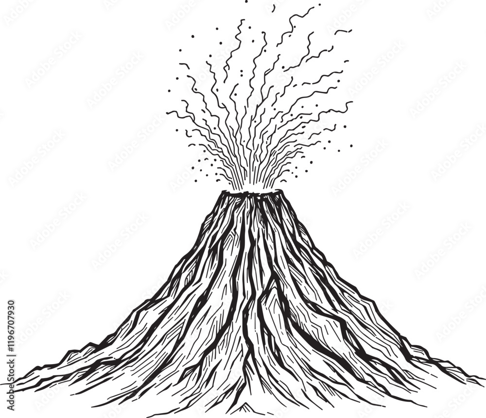 Volcano Eruption, Linear Drawing Sketched Art Line Vector Illustration