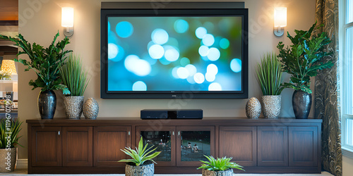 Stylish Wooden TV Console with Decorative Green Plants and Blue Vases