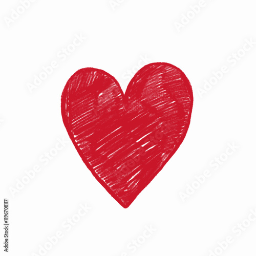 Wax crayon textured red hand drawn heart. Simple artistic drawing of heart symbol isolated on white background.