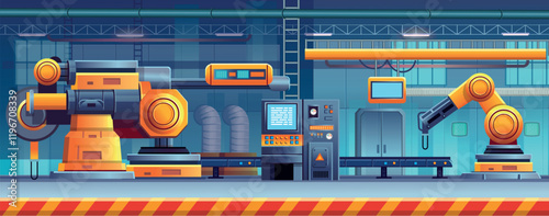 Factory background for game. Factory manufacturing industrial line. High tech machinery. Vector illustration.