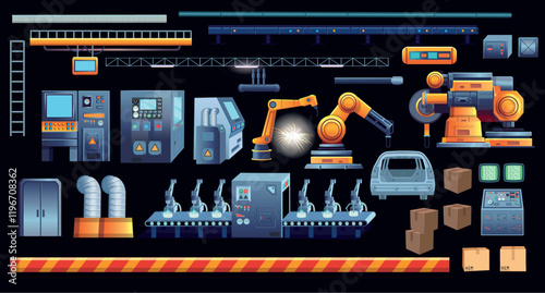 Set of factory. Factory background for game. Factory manufacturing industrial line. High tech machinery. Vector illustration.
