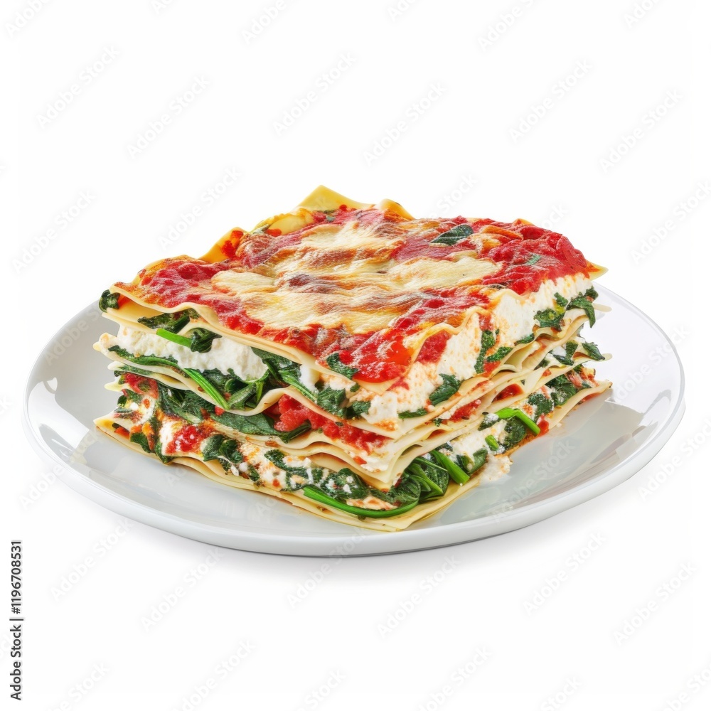 A plate of vegetable lasagna with layers of spinach, ricotta cheese, and marinara sauce A plate of vegetable lasagna with layers of spinach, ricotta cheese, and marinara sauce