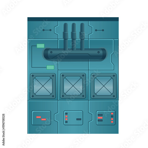 Metal panel of a spaceship with buttons and neon elements. Element for creating a background.