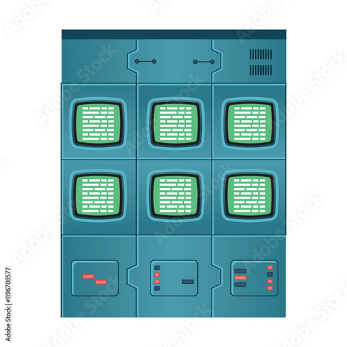 Metal panel of a spaceship with buttons and neon elements and flat screens. Element for creating a background.