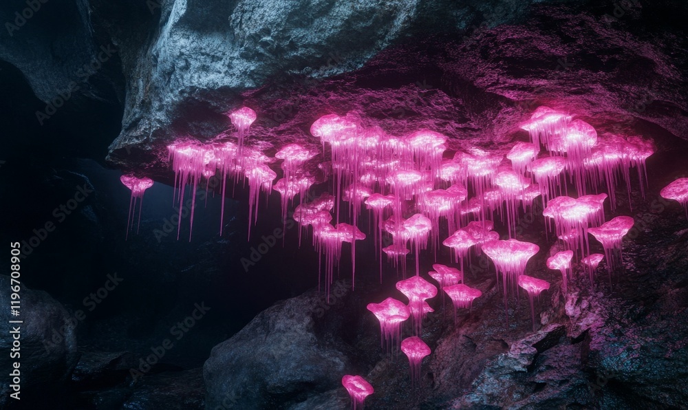 Pink glowing formations hang in dark cave. Pink glowing formations hang in dark cave.