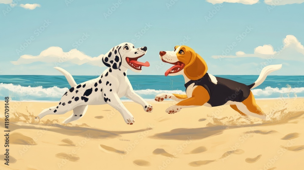 A Dalmatian and a beagle joyfully chasing each other on a sandy beach, with the ocean in the background A Dalmatian and a beagle joyfully chasing each other on a sandy beach, with the ocean in the background