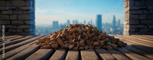 Wooden Cubes on a Rooftop Overlooking a Cityscape