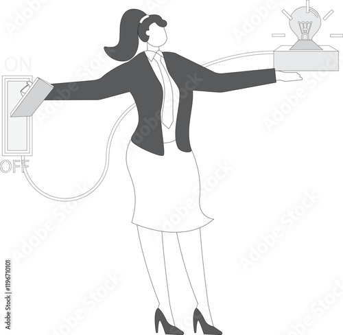 Turn on creative light bulb idea, businesswoman turns on the switch to activate the light bulb idea, critical thinking or emotional intelligence, wisdom using knowledge or mindset