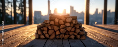 Sunrise Firewood Stack on Wooden Deck with City Skyline