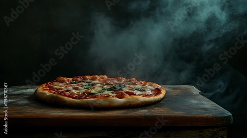 Wood-fired pizza with fresh basil and steamy aroma photo