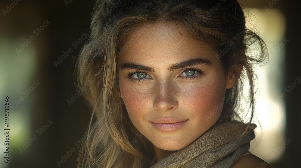 A young woman stands with a relaxed expression, framed by soft natural light. Her natural makeup enhances her features, creating a calm and inviting atmosphere in a cozy indoor space A young woman stands with a relaxed expression, framed by soft natural light. Her natural makeup enhances her features, creating a calm and inviting atmosphere in a cozy indoor space