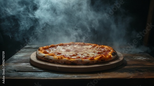 Golden pizza crust with steamy cheese on wooden board photo