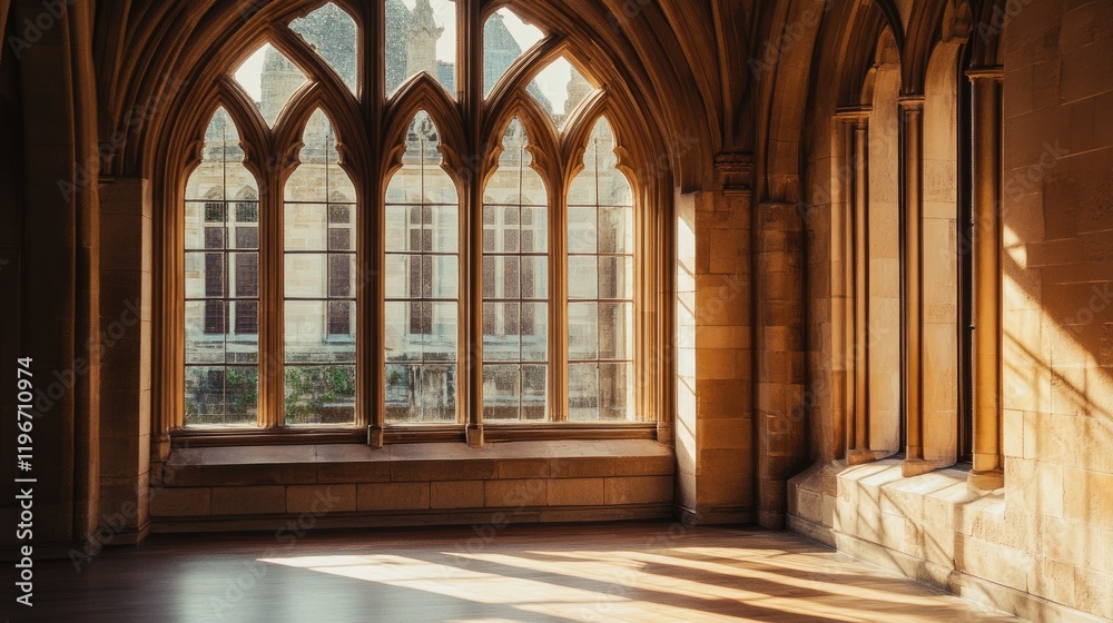 Obraz premium A grand arch window with artistic stonework in a historic building, softly lit by the afternoon sun