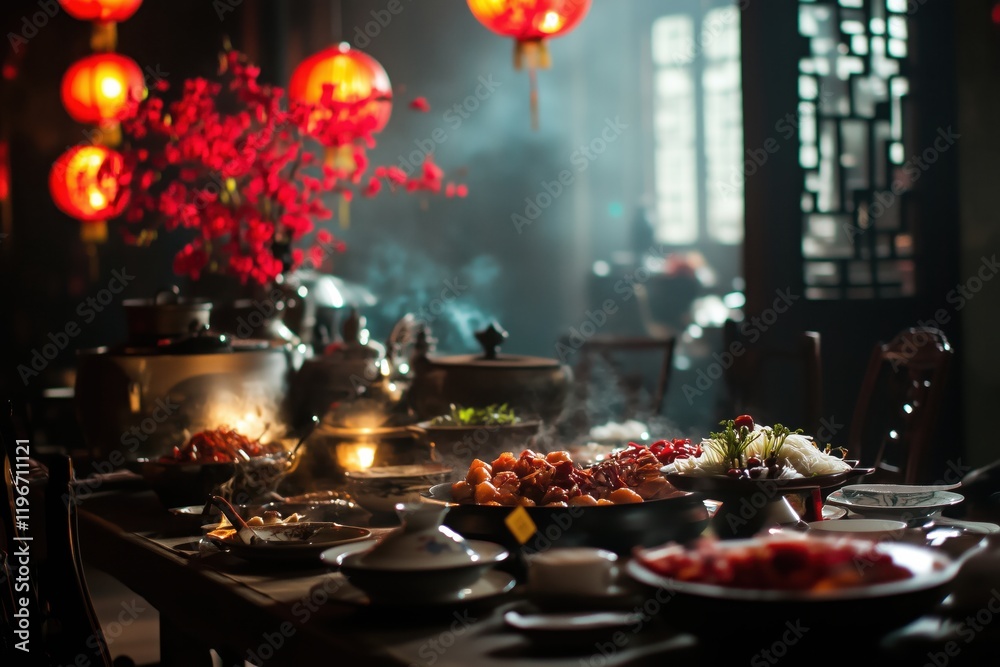 Traditional chinese new year feast table setting festive home culinary display cozy atmosphere warm lighting cultural celebration Traditional chinese new year feast table setting festive home culinary display cozy atmosphere warm lighting cultural celebration