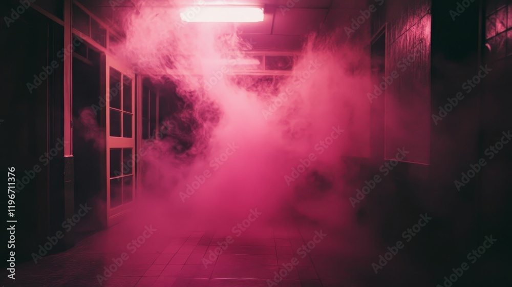Naklejka premium Pink smoke fills hallway; doors, ceiling light.