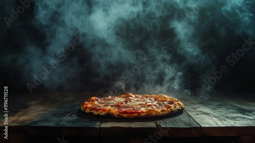 Wood-fired pizza with cheese and rustic background photo